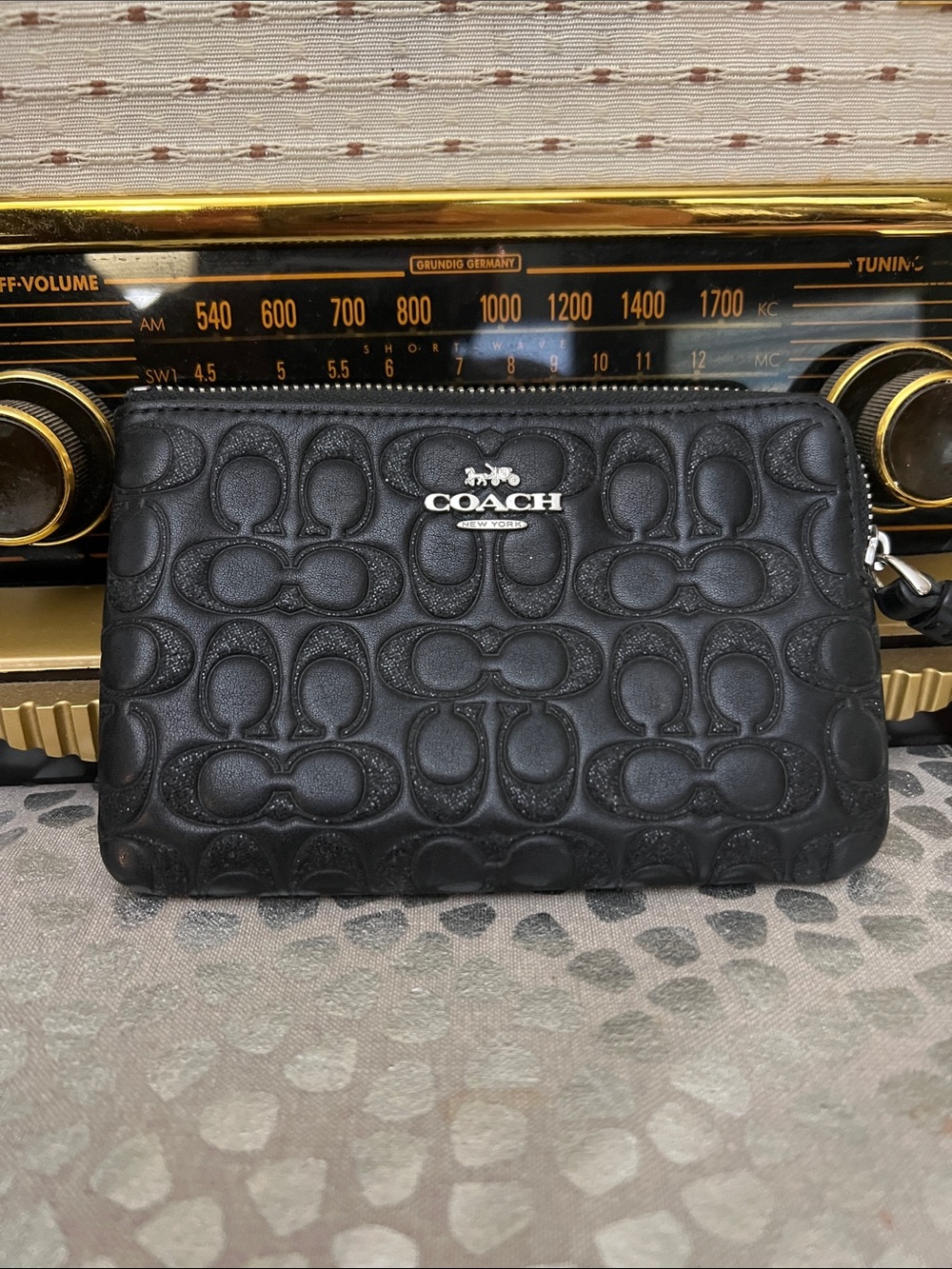 Coach Black Embossed Signature Leather Wristlet